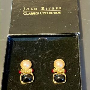 Joan Rivers Faux Pearl & Onyx Pieced Dangle Door knocker Earrings New In Box